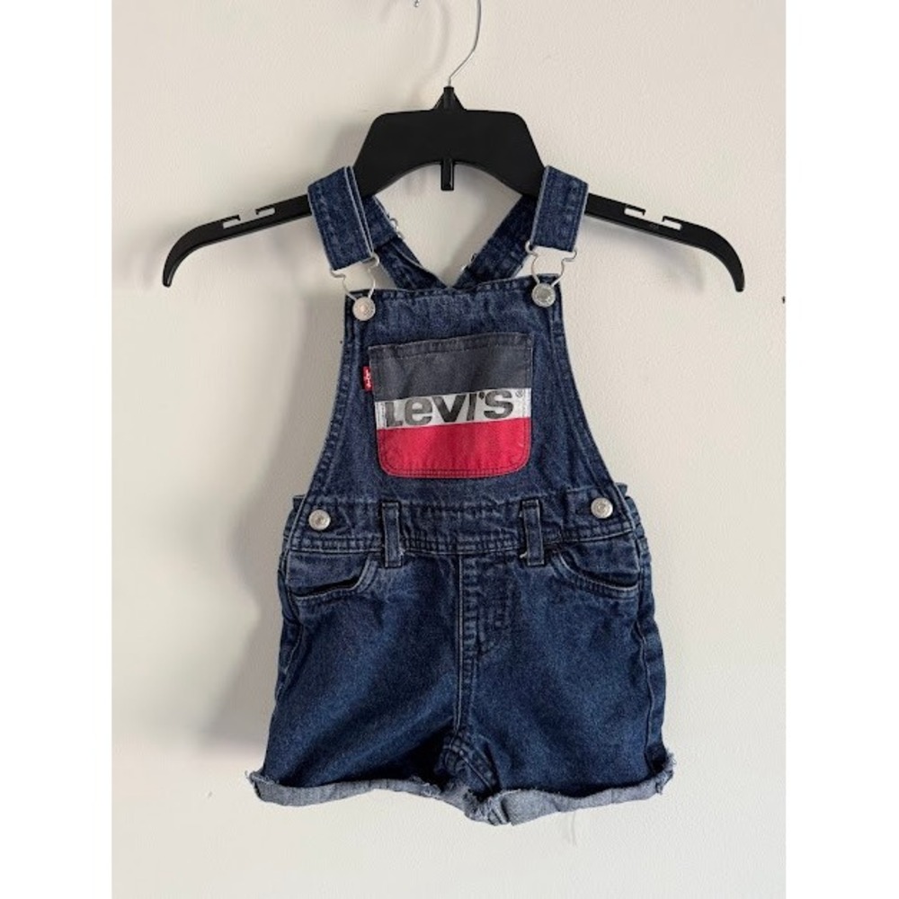 Vintage Levis‎ Overalls Kids 4T Blue Shortall Logo Bib Denim Cuffed Adjustable
